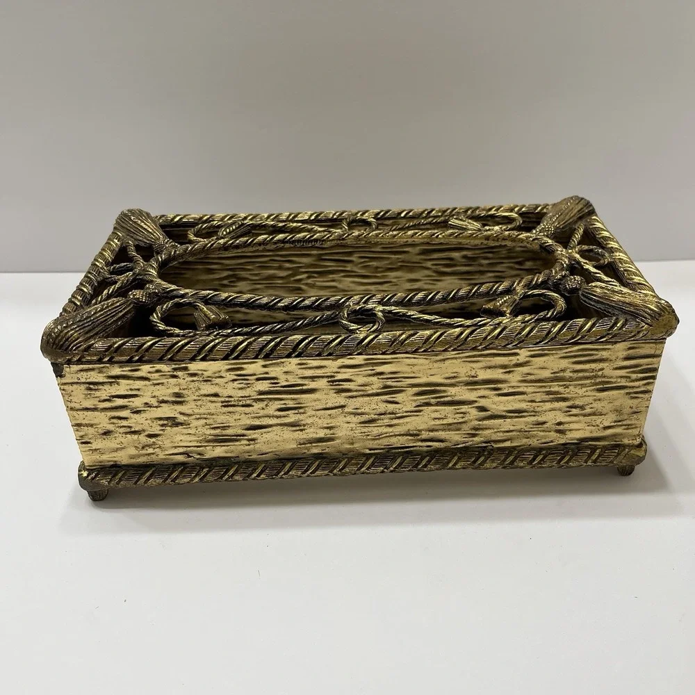 Vintage MCM Brass Tissue Box Cover Hollywood Regency Gold Filigree Tassels